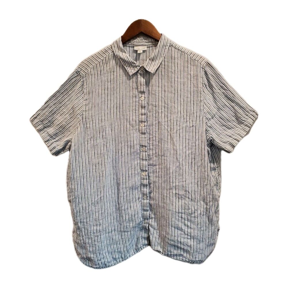 J. Jill Women Size XL Love Linen Blue Striped Short Sleeve Button Down Blouse